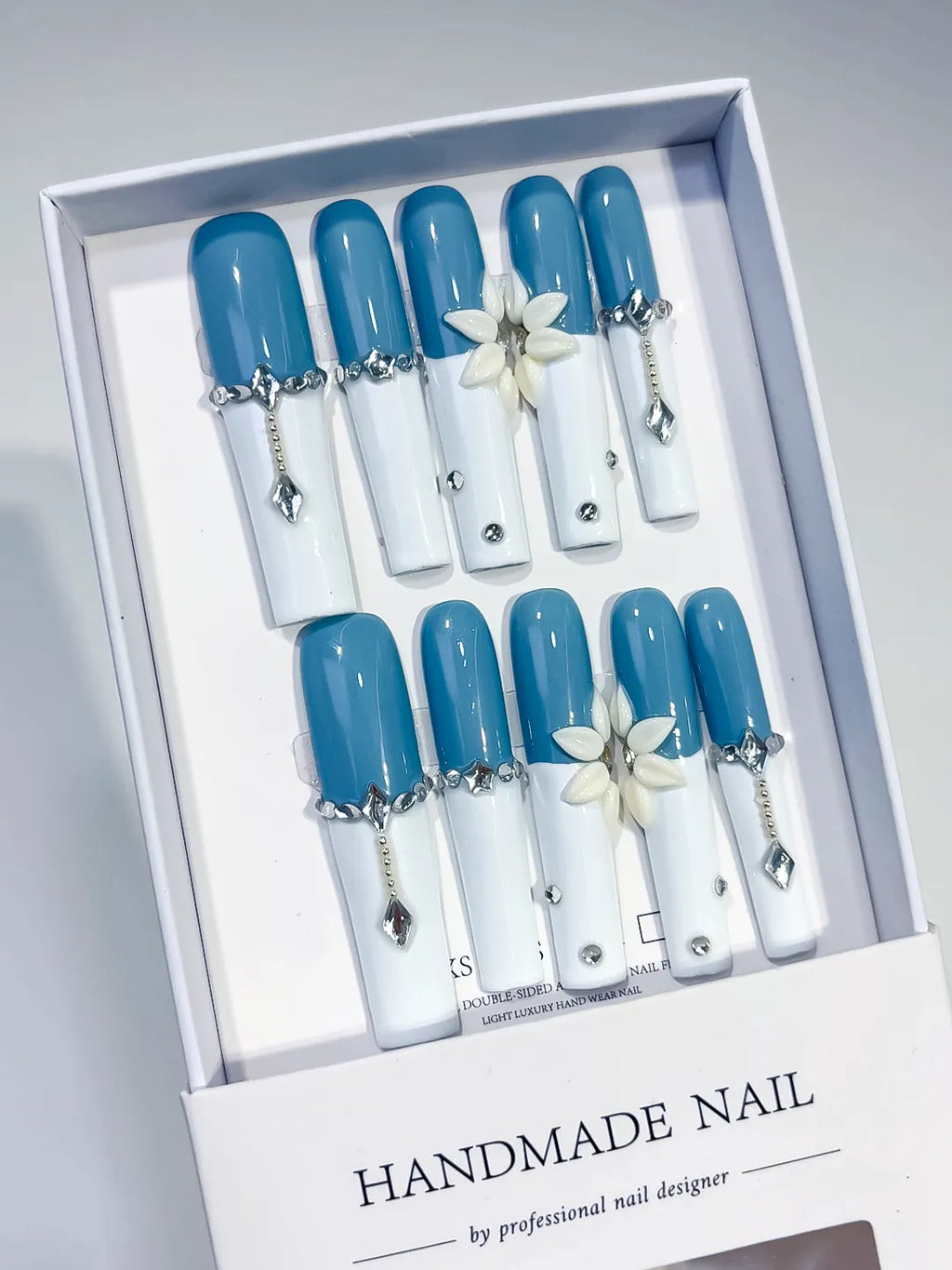 Long Blue White Square French tip Flower Chain