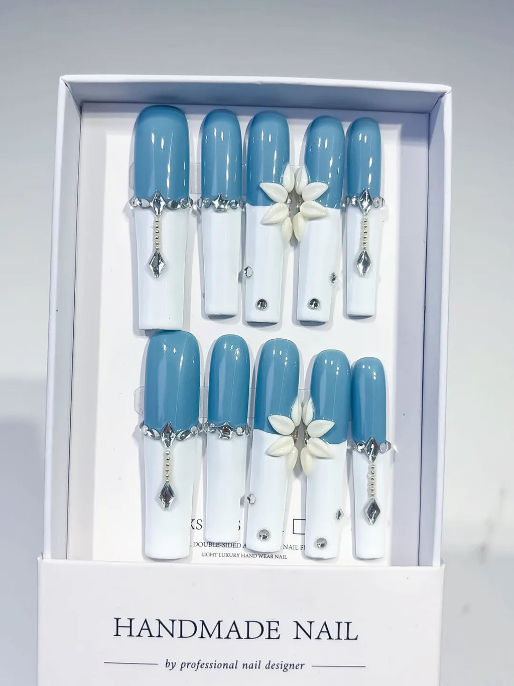 Long Blue White Square French tip Flower Chain