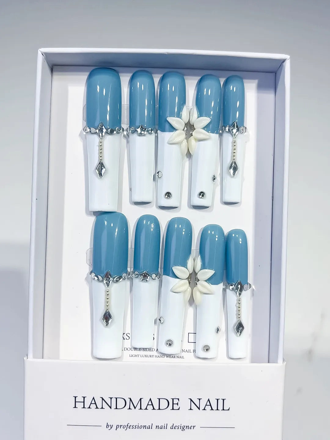 Long Blue White Square French tip Flower Chain