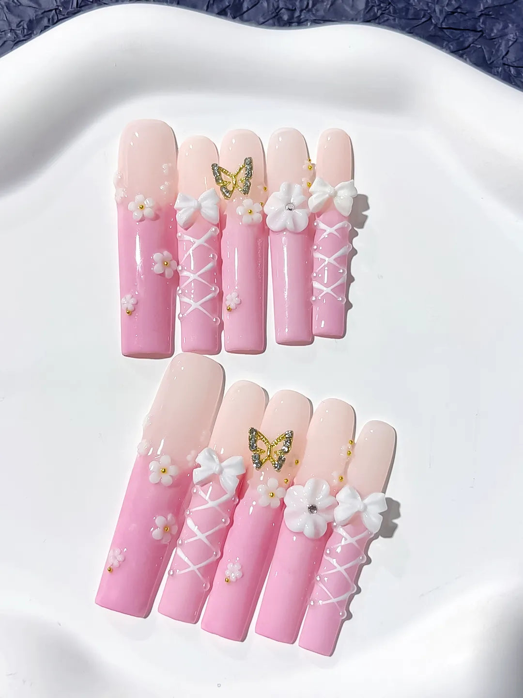 Long Pink White Square Ombre Butterfly Bow