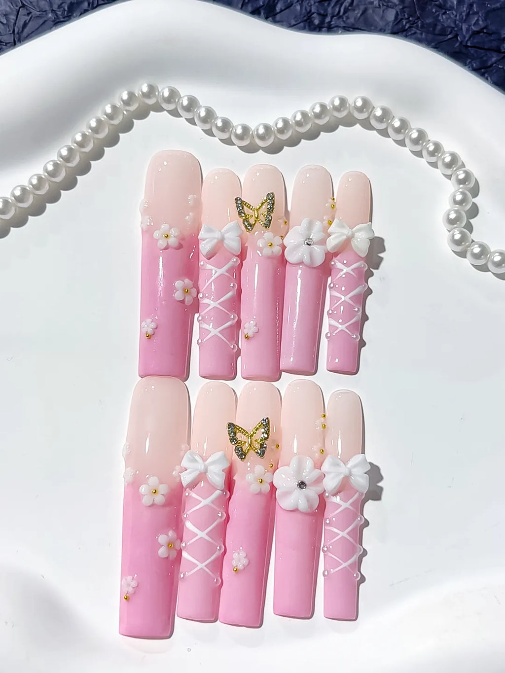 Long Pink White Square Ombre Butterfly Bow