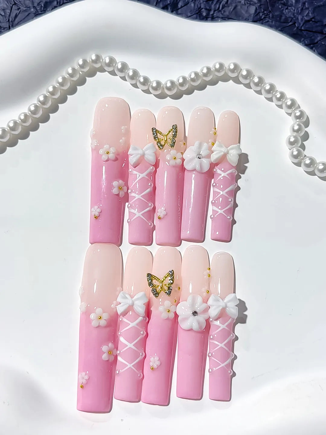 Long Pink White Square Ombre Butterfly Bow