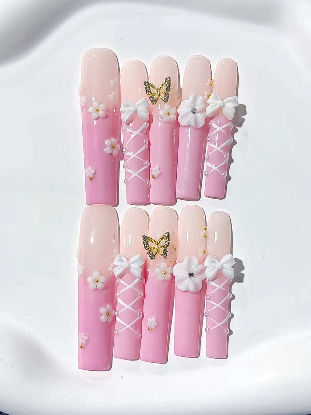 Long Pink White Square Ombre Butterfly Bow