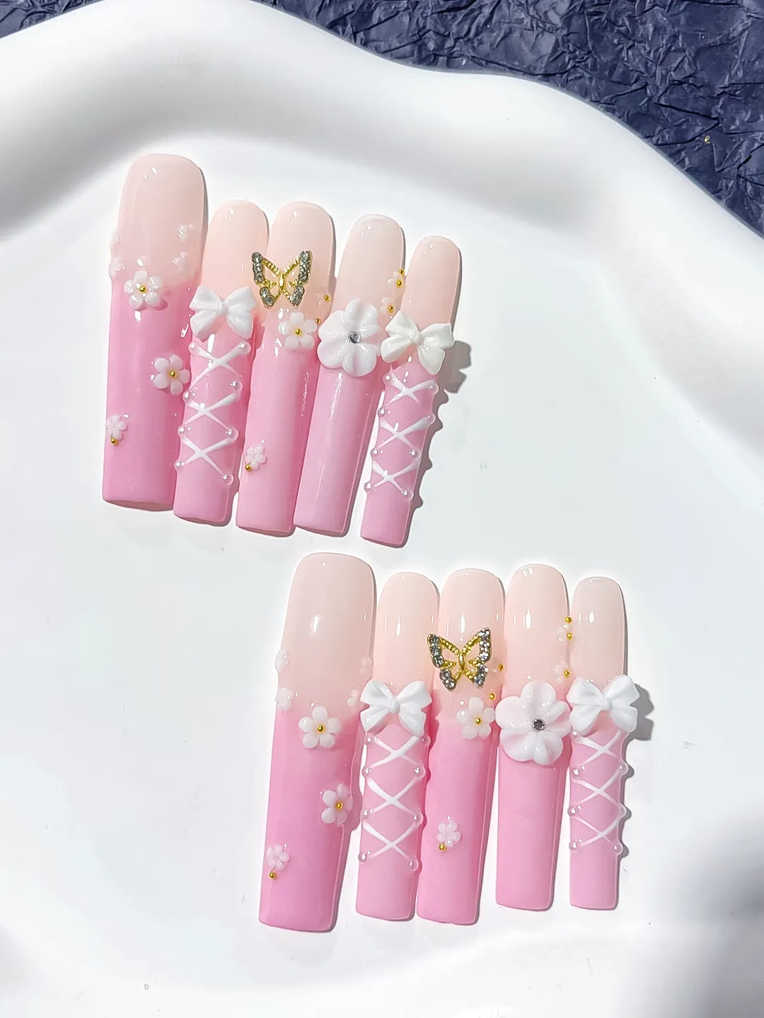 Long Pink White Square Ombre Butterfly Bow