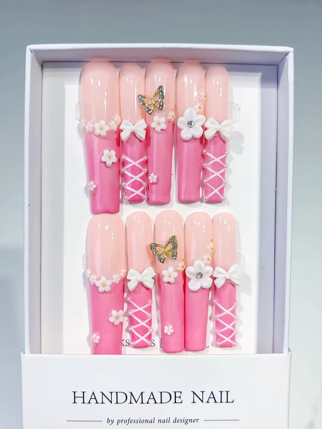 Long Pink White Square Ombre Butterfly Bow