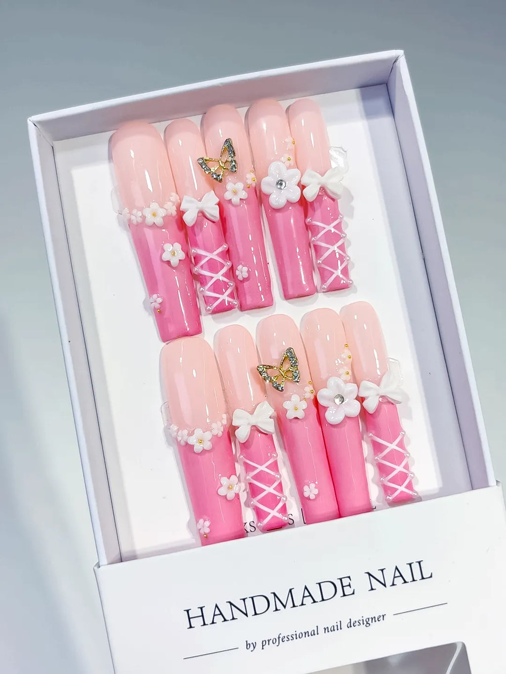 Long Pink White Square Ombre Butterfly Bow