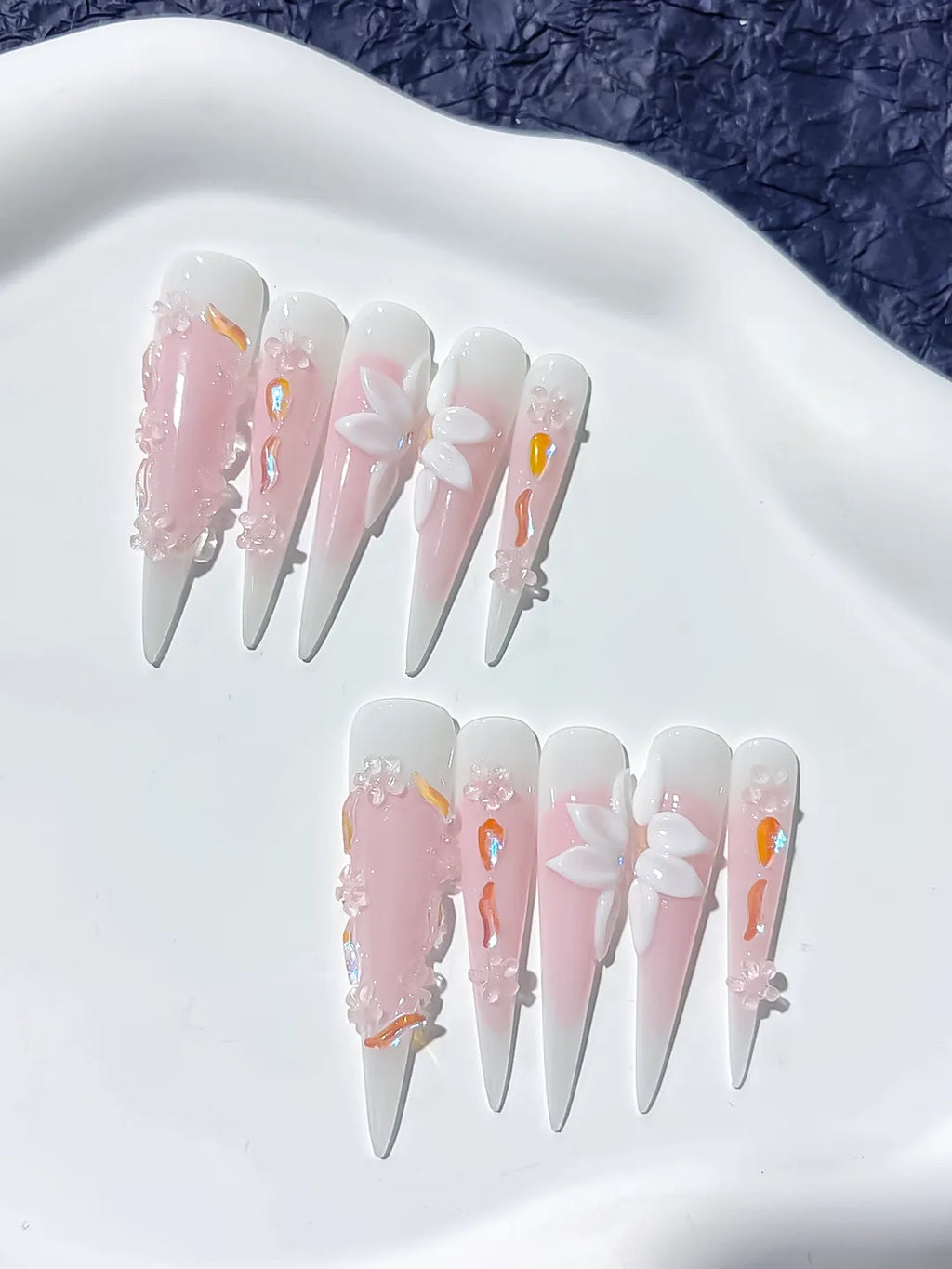 Long Pink White Stiletto Ombre Flower 3D