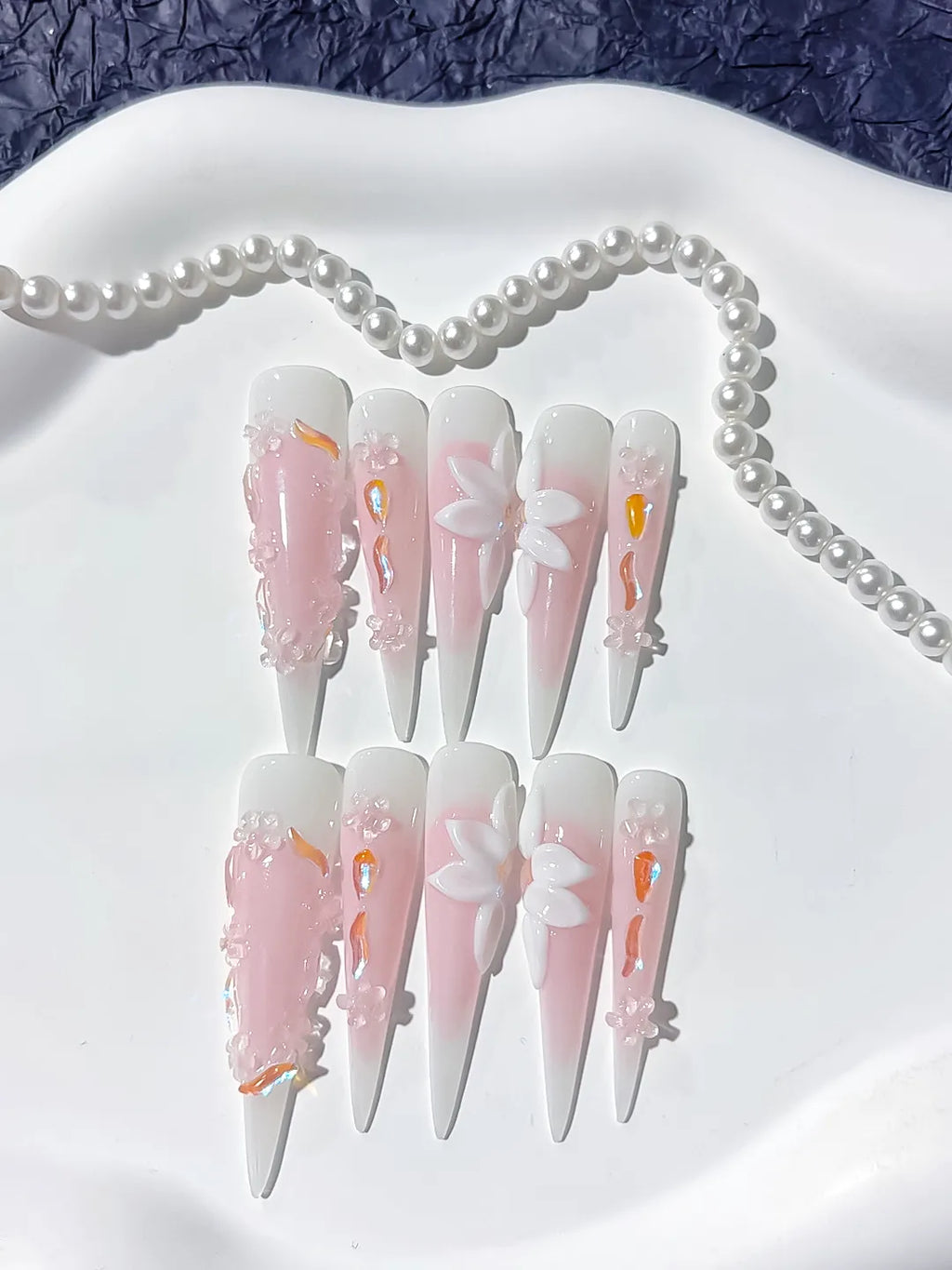 Long Pink White Stiletto Ombre Flower 3D