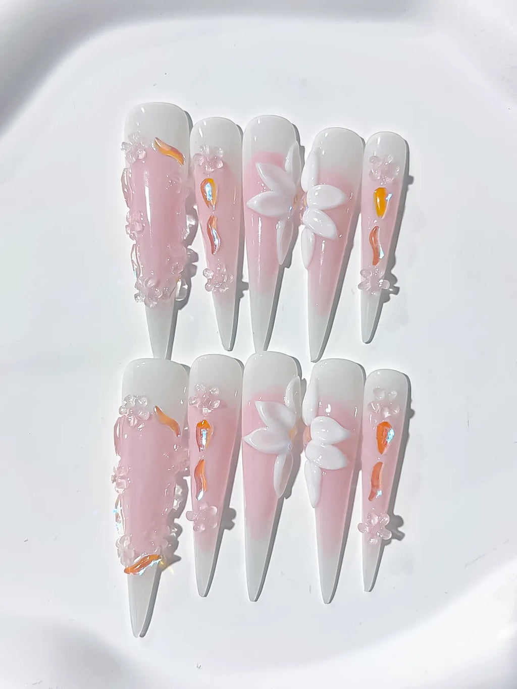 Long Pink White Stiletto Ombre Flower 3D