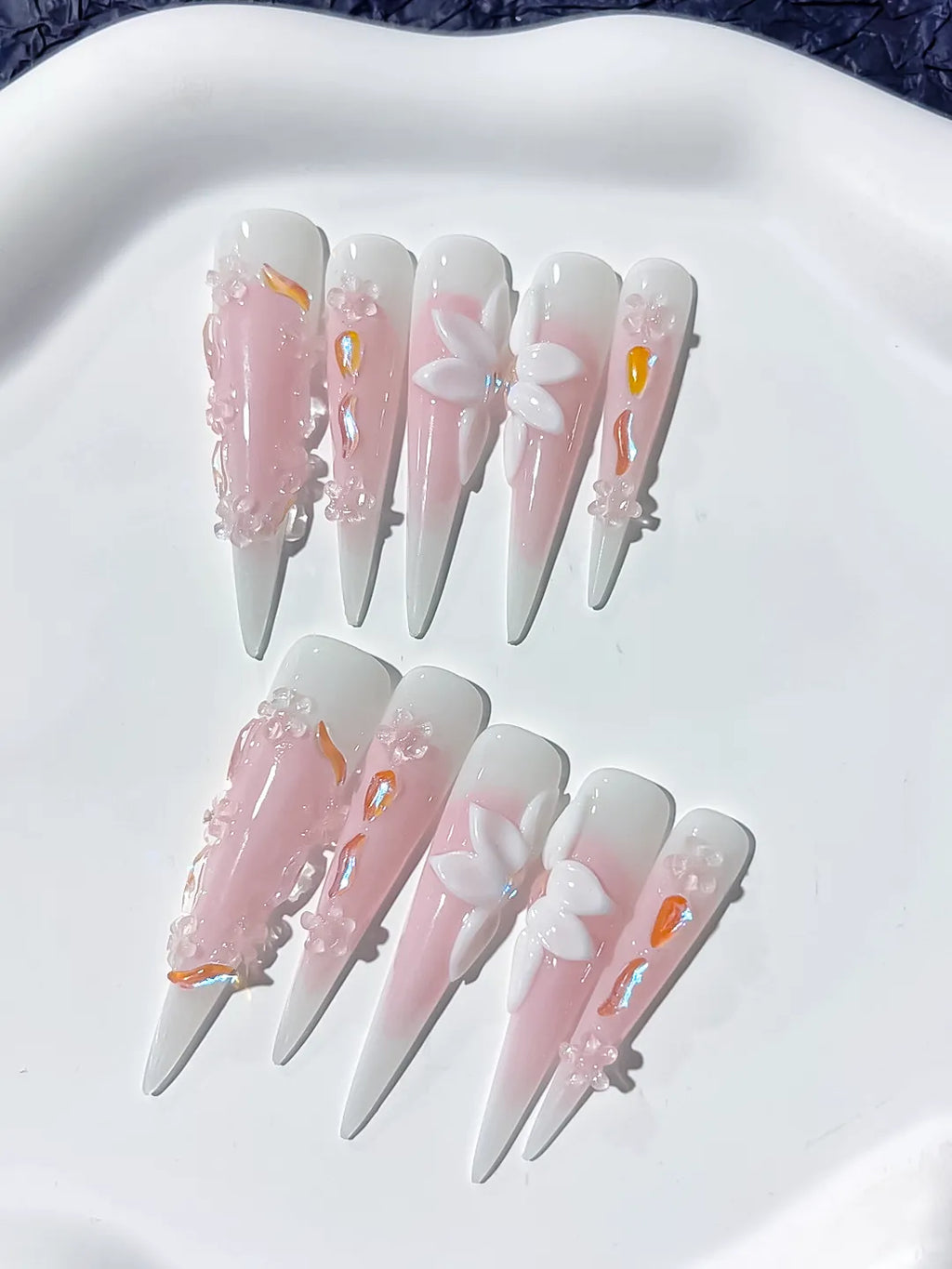 Long Pink White Stiletto Ombre Flower 3D