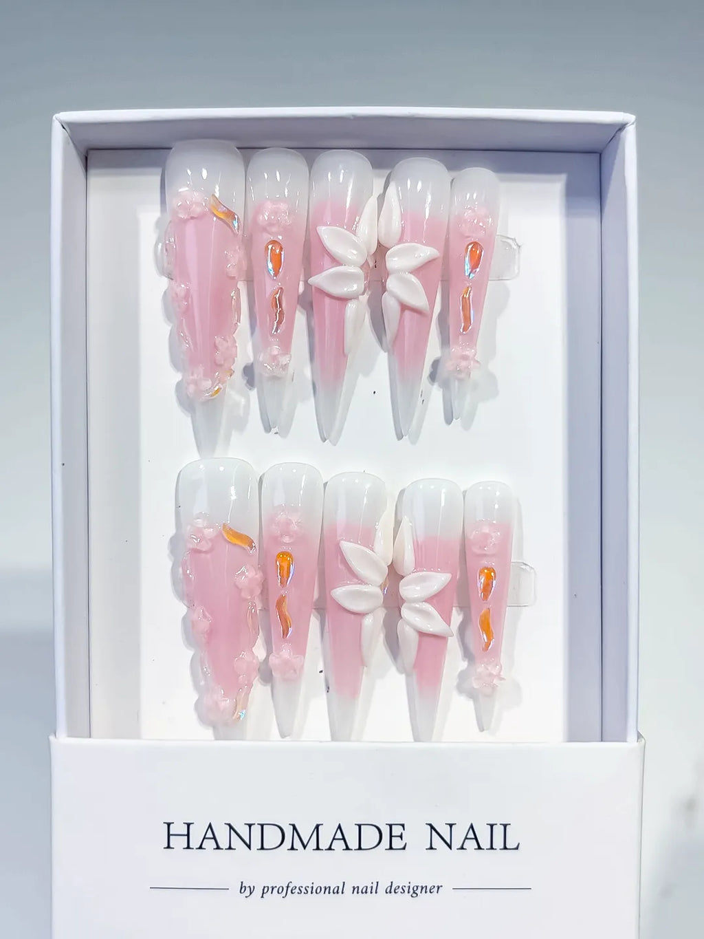 Long Pink White Stiletto Ombre Flower 3D