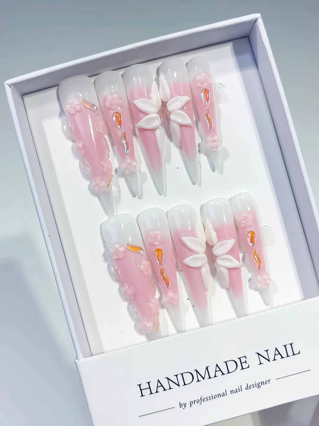 Long Pink White Stiletto Ombre Flower 3D