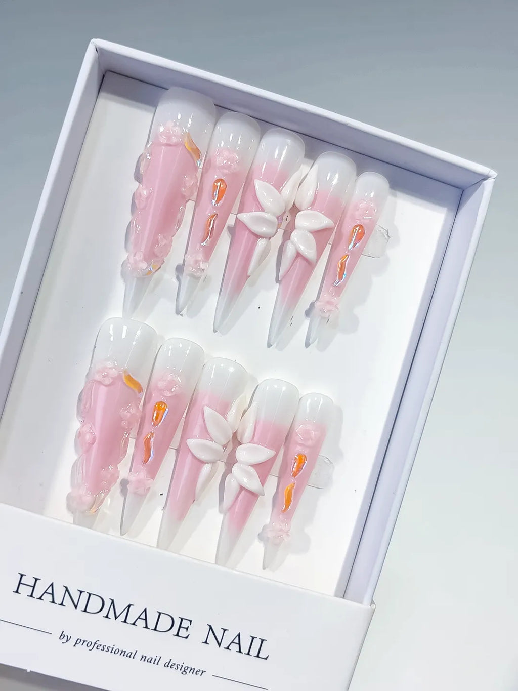 Long Pink White Stiletto Ombre Flower 3D