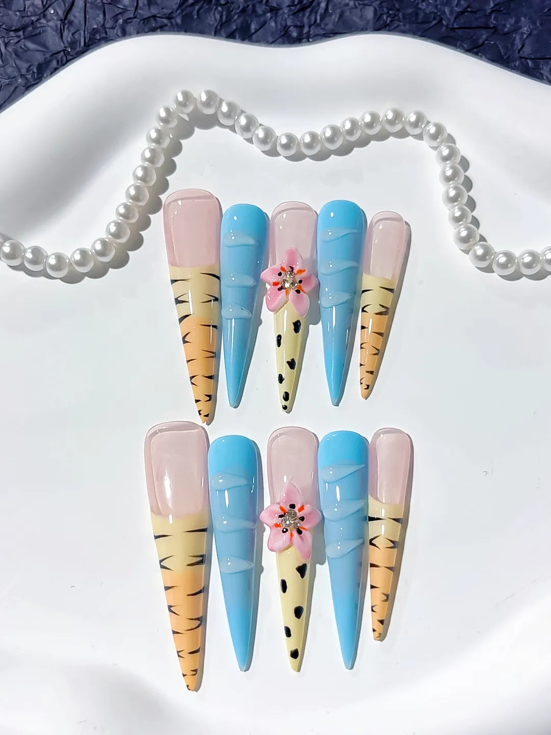 Long Nude Blue Stiletto Abstract Flower Animal Print