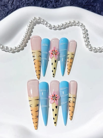 Long Nude Blue Stiletto Abstract Flower Animal Print