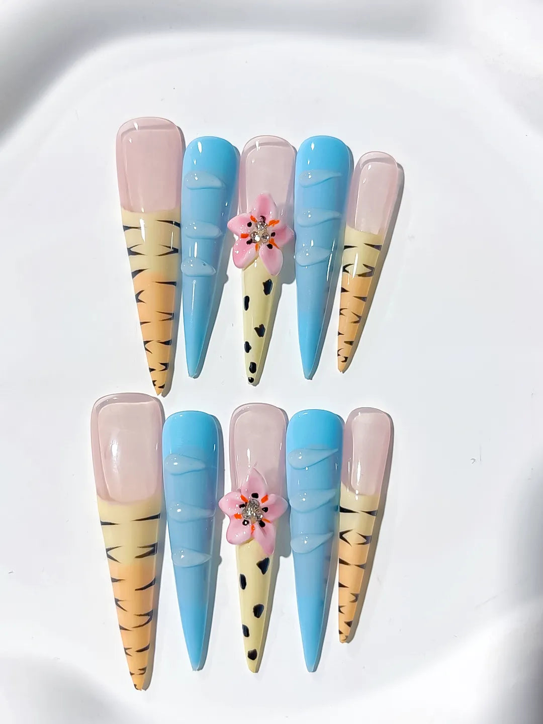 Long Nude Blue Stiletto Abstract Flower Animal Print