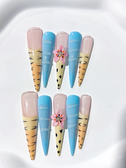 Long Nude Blue Stiletto Abstract Flower Animal Print