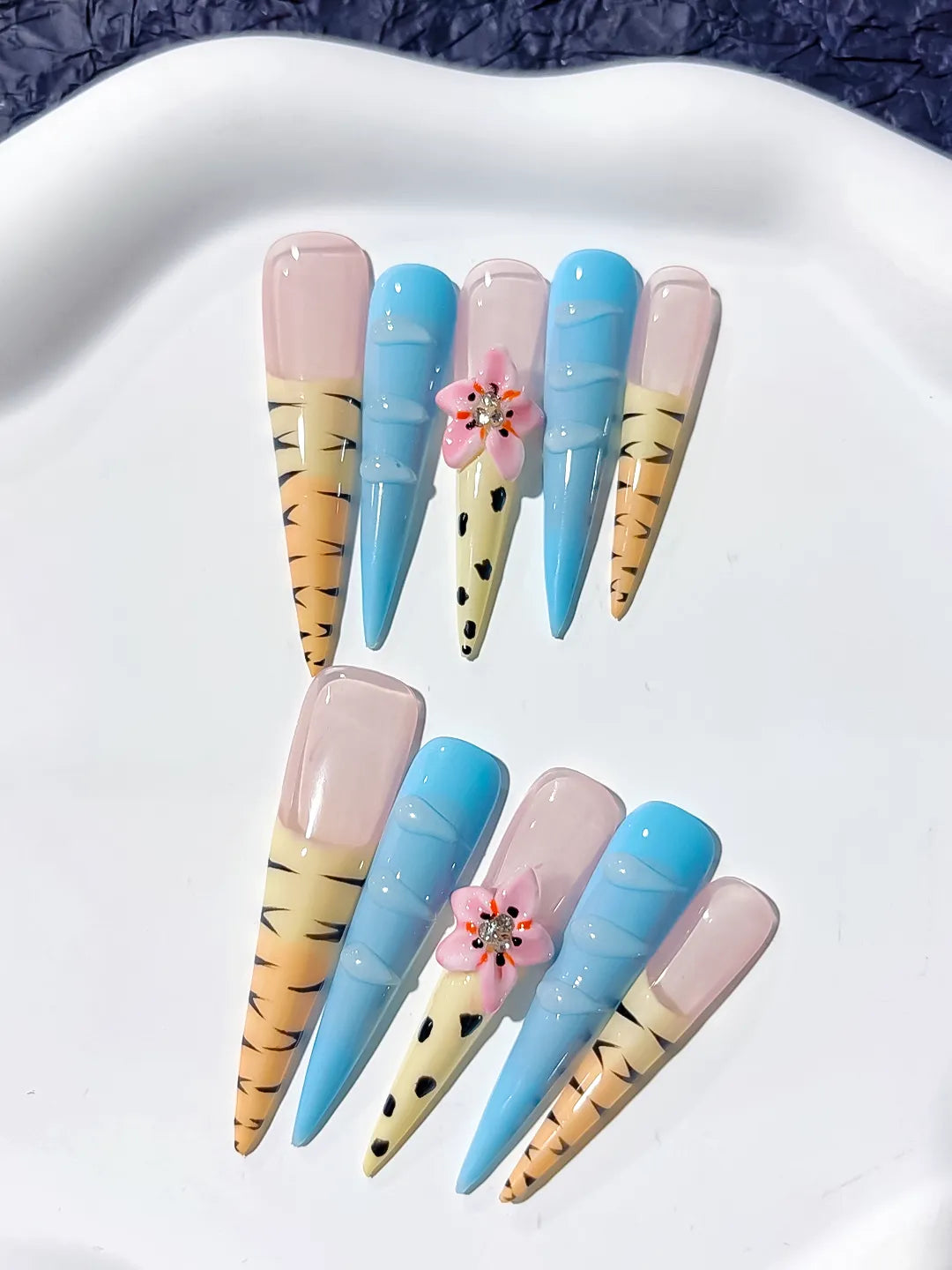Long Nude Blue Stiletto Abstract Flower Animal Print