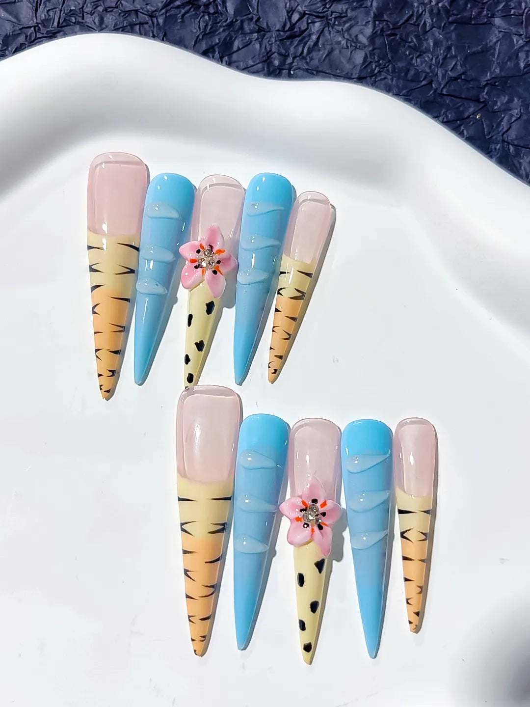 Long Nude Blue Stiletto Abstract Flower Animal Print
