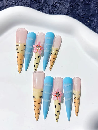 Long Nude Blue Stiletto Abstract Flower Animal Print
