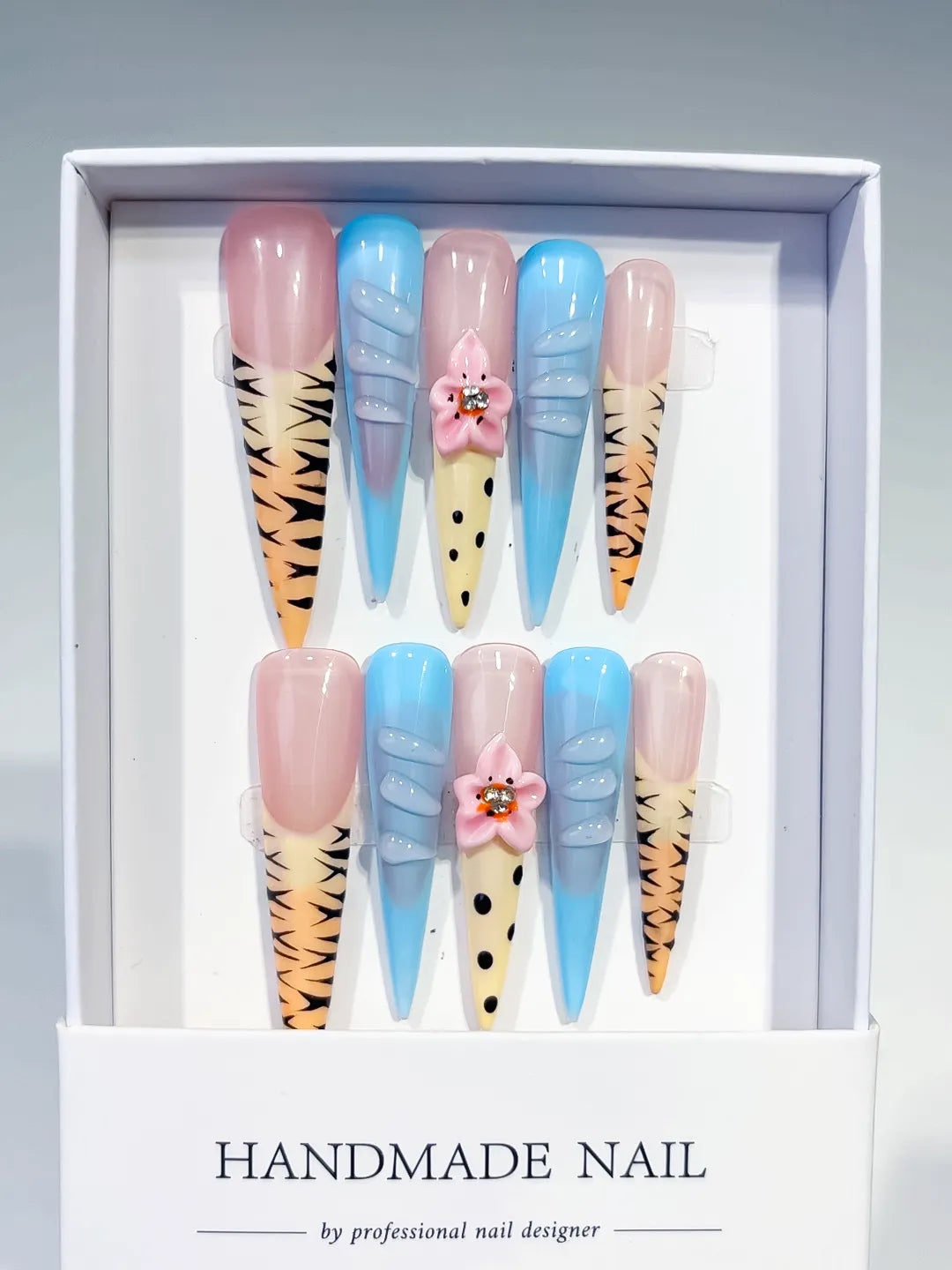 Long Nude Blue Stiletto Abstract Flower Animal Print