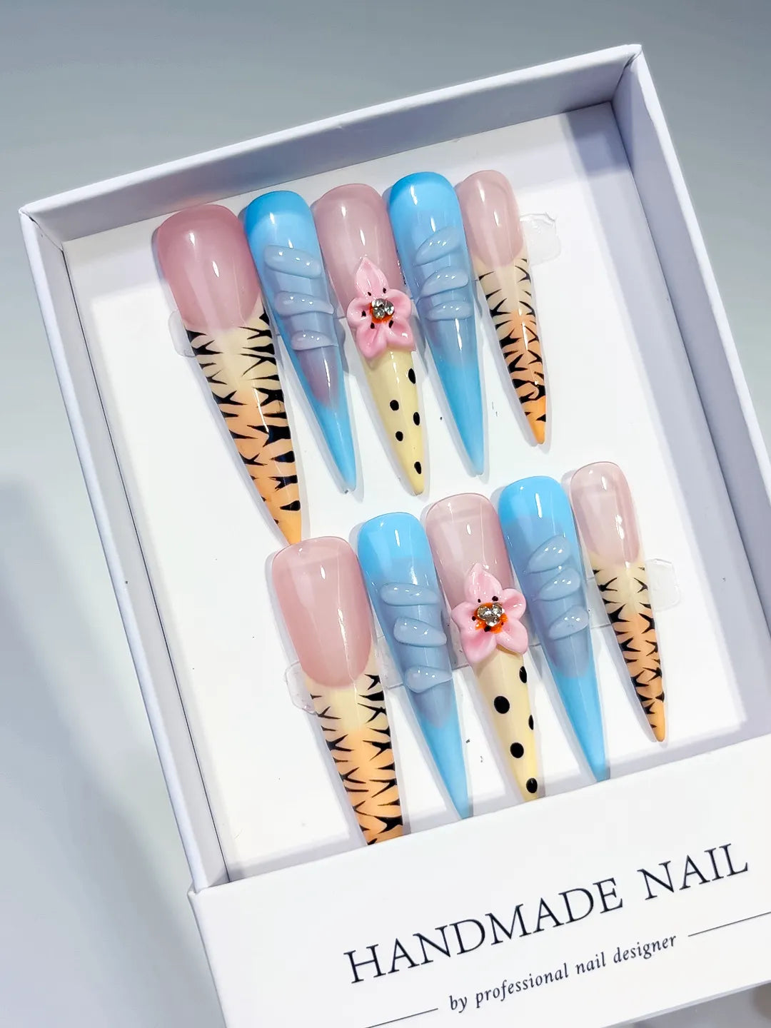 Long Nude Blue Stiletto Abstract Flower Animal Print