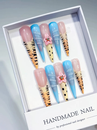 Long Nude Blue Stiletto Abstract Flower Animal Print