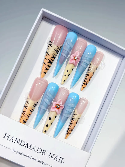 Long Nude Blue Stiletto Abstract Flower Animal Print