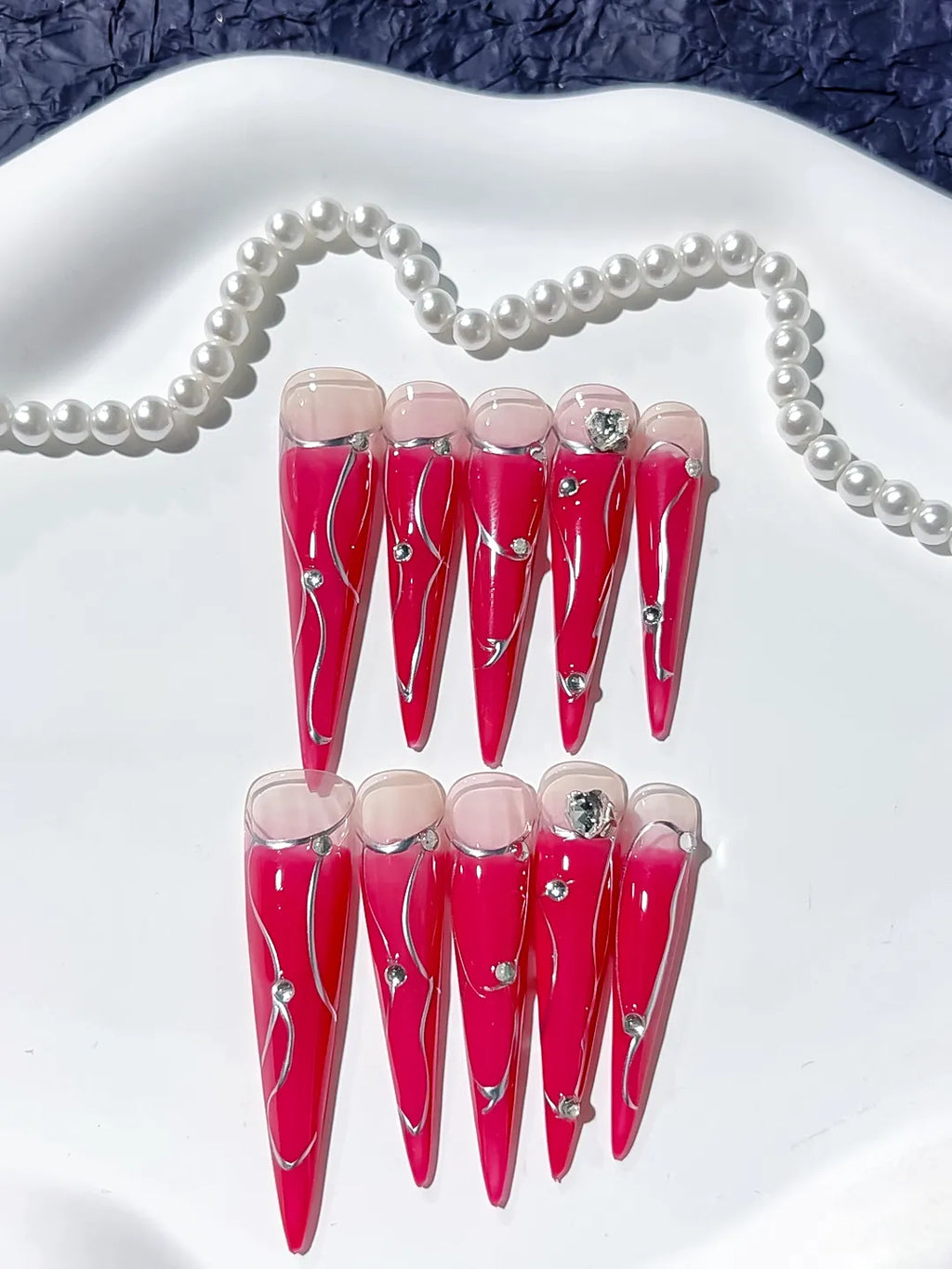 Long Pink Nude Stiletto Ombre Metal Line Rhinestone