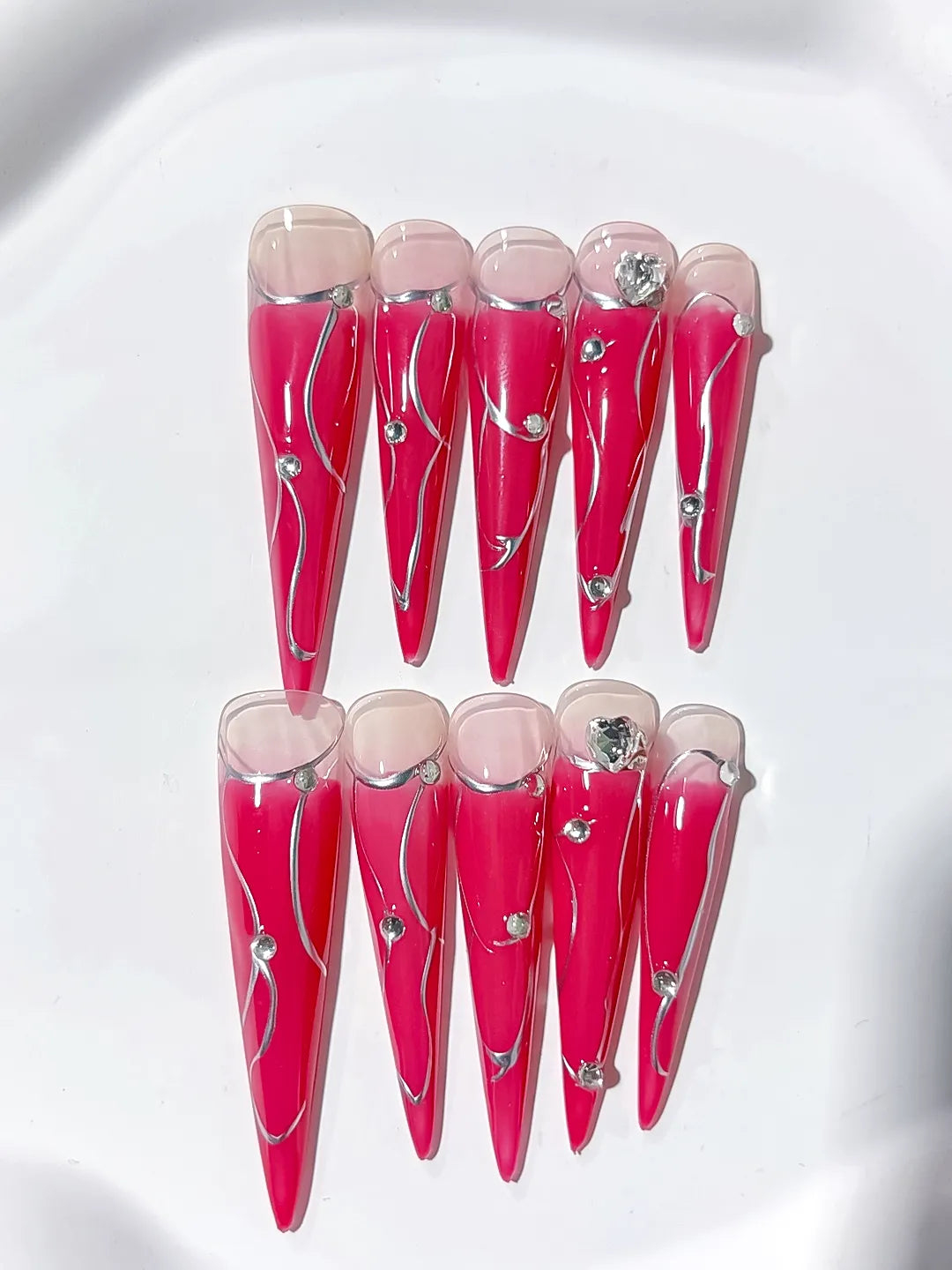 Long Pink Nude Stiletto Ombre Metal Line Rhinestone