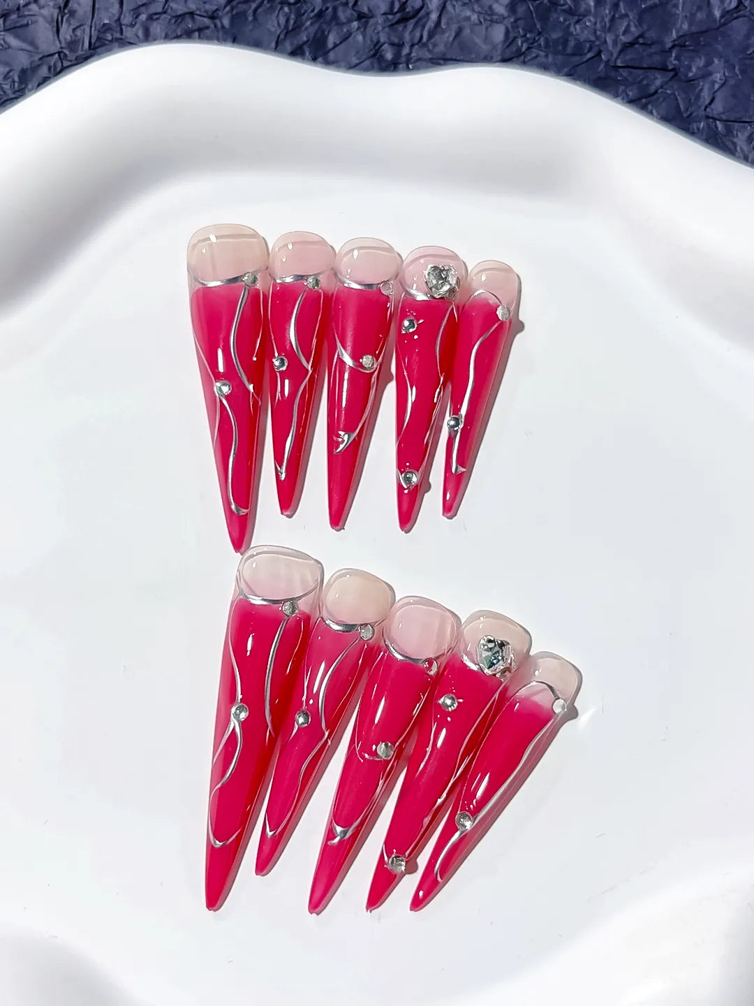Long Pink Nude Stiletto Ombre Metal Line Rhinestone