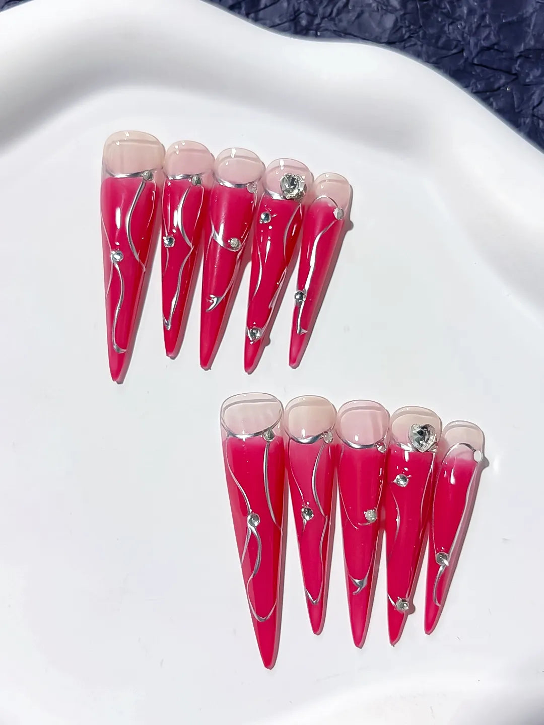 Long Pink Nude Stiletto Ombre Metal Line Rhinestone