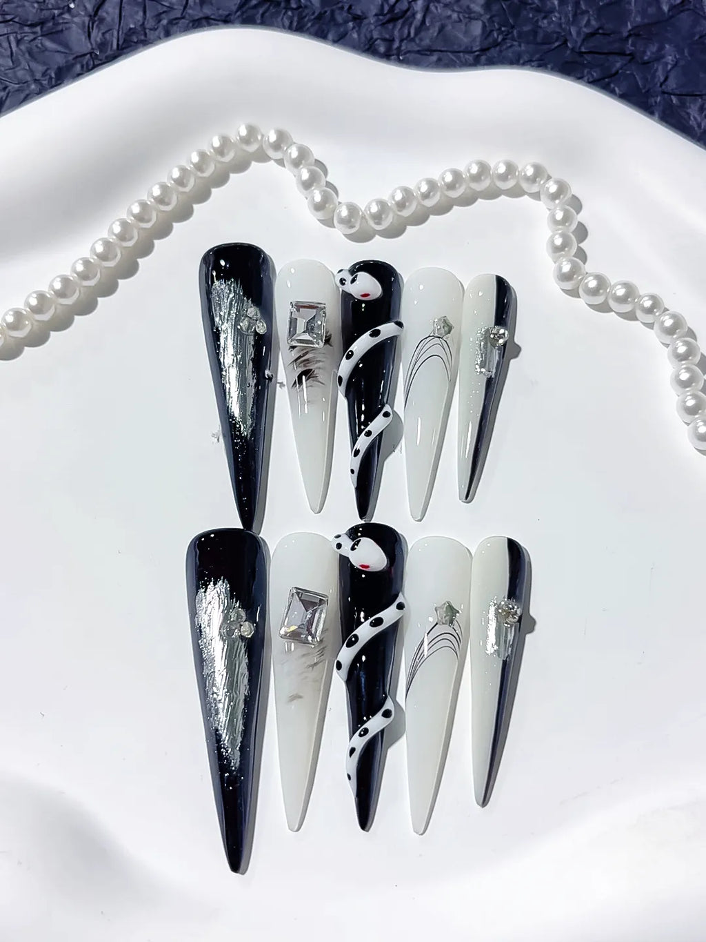 Long Black White Stiletto Abstract Rhinestone Metallic Accent