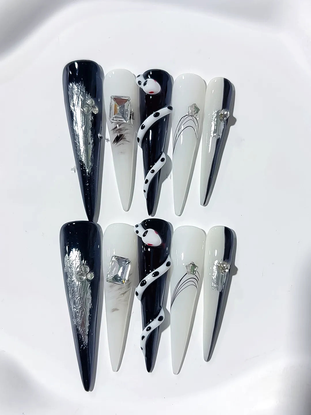 Long Black White Stiletto Abstract Rhinestone Metallic Accent