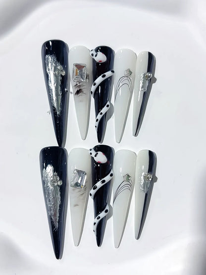 Long Black White Stiletto Abstract Rhinestone Metallic Accent