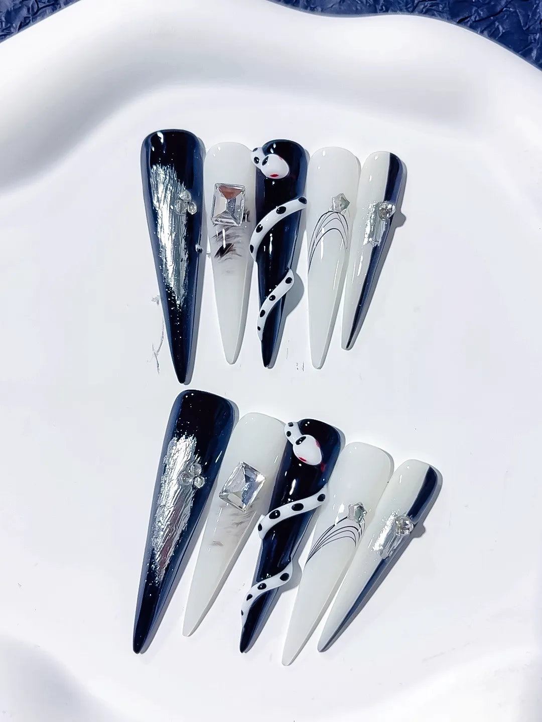 Long Black White Stiletto Abstract Rhinestone Metallic Accent