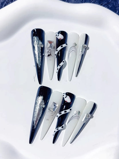 Long Black White Stiletto Abstract Rhinestone Metallic Accent