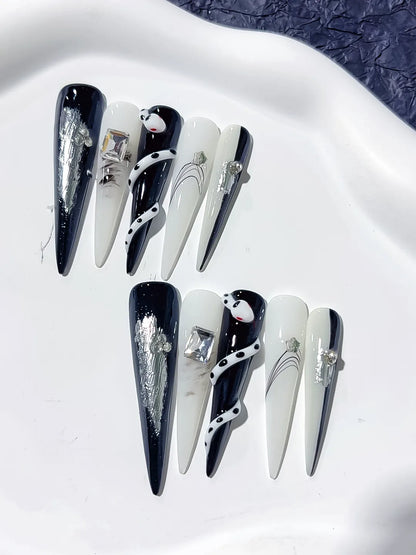 Long Black White Stiletto Abstract Rhinestone Metallic Accent