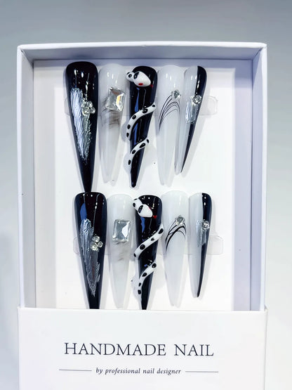 Long Black White Stiletto Abstract Rhinestone Metallic Accent