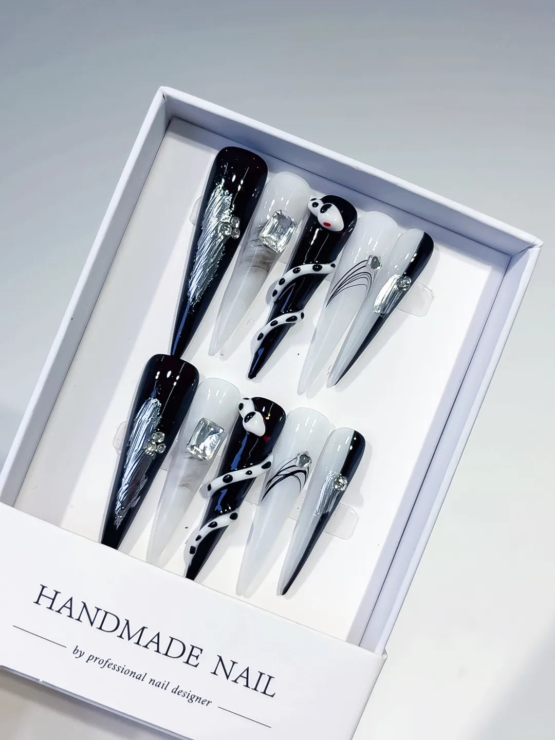 Long Black White Stiletto Abstract Rhinestone Metallic Accent