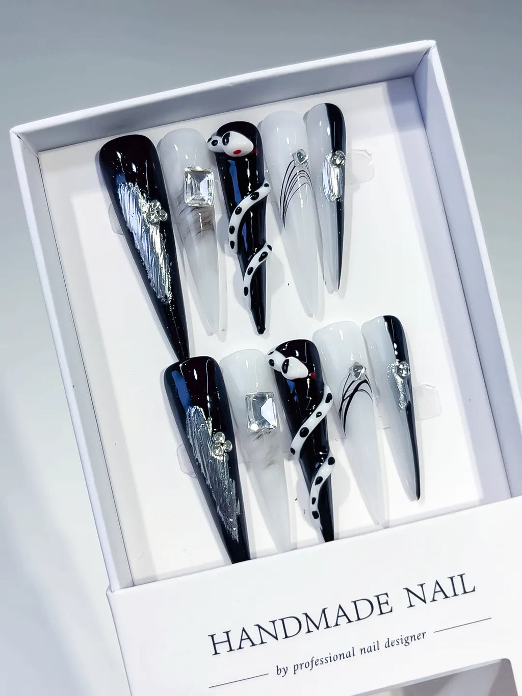 Long Black White Stiletto Abstract Rhinestone Metallic Accent