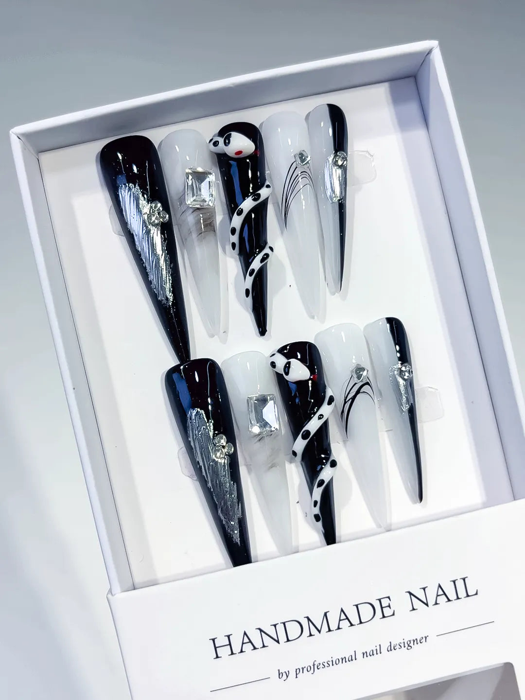 Long Black White Stiletto Abstract Rhinestone Metallic Accent