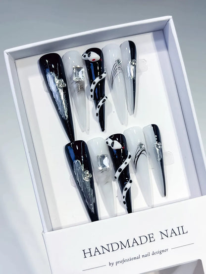 Long Black White Stiletto Abstract Rhinestone Metallic Accent