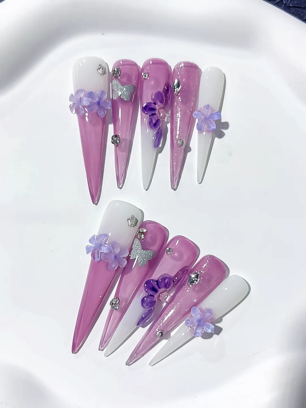 Long Purple Pink Stiletto Glitter Flower Butterfly