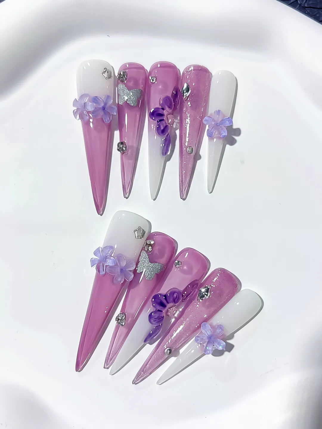 Long Purple Pink Stiletto Glitter Flower Butterfly