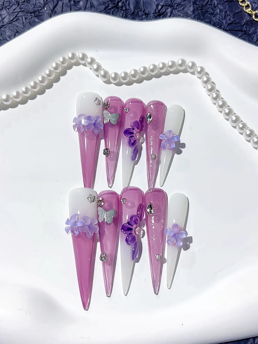Long Purple Pink Stiletto Glitter Flower Butterfly
