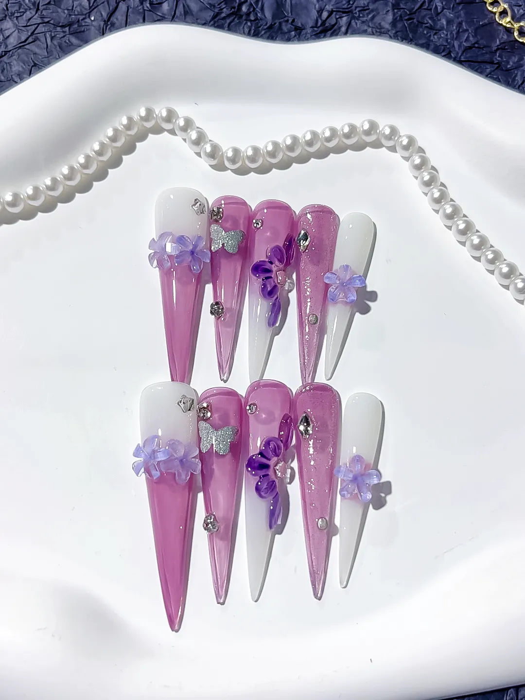 Long Purple Pink Stiletto Glitter Flower Butterfly