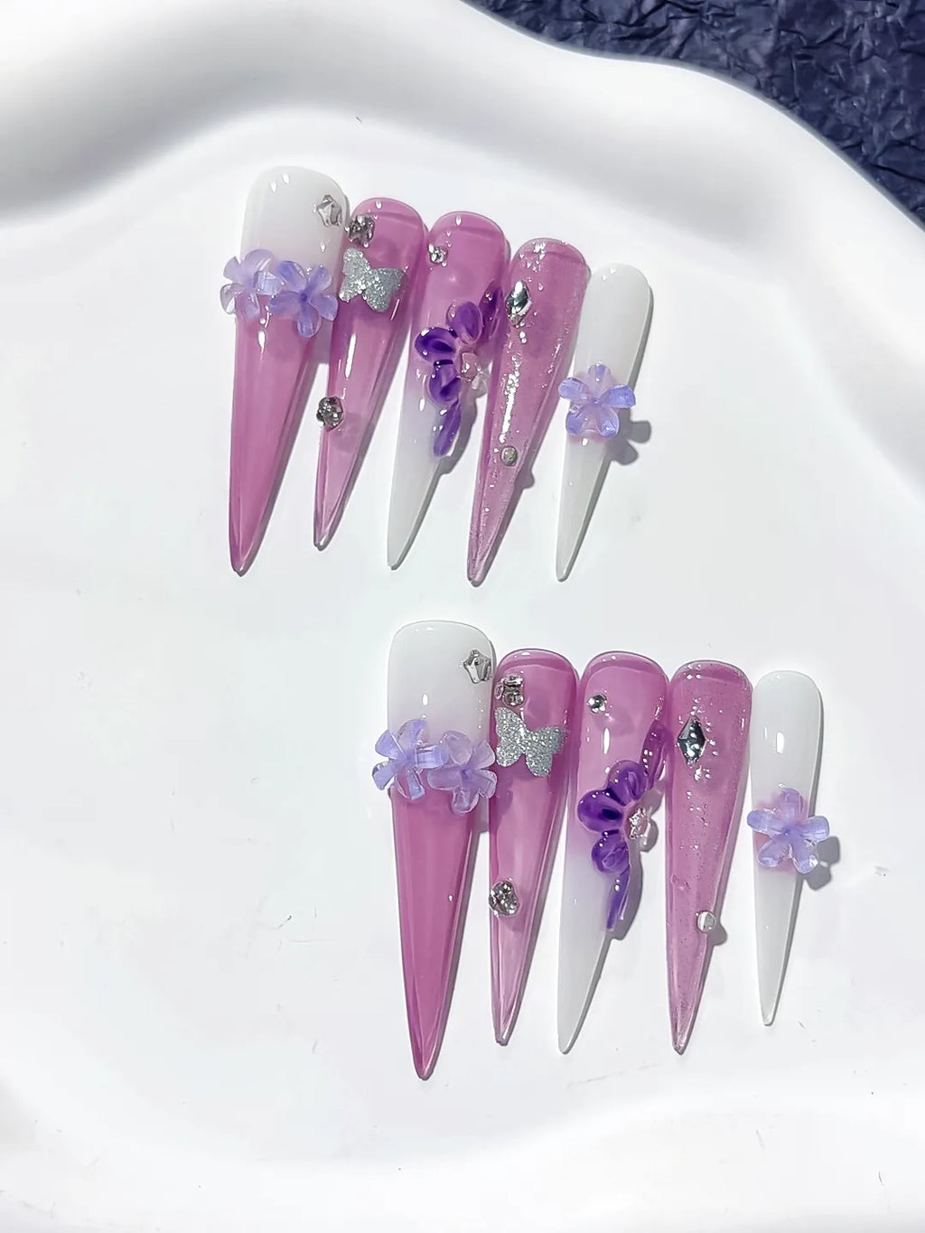 Long Purple Pink Stiletto Glitter Flower Butterfly