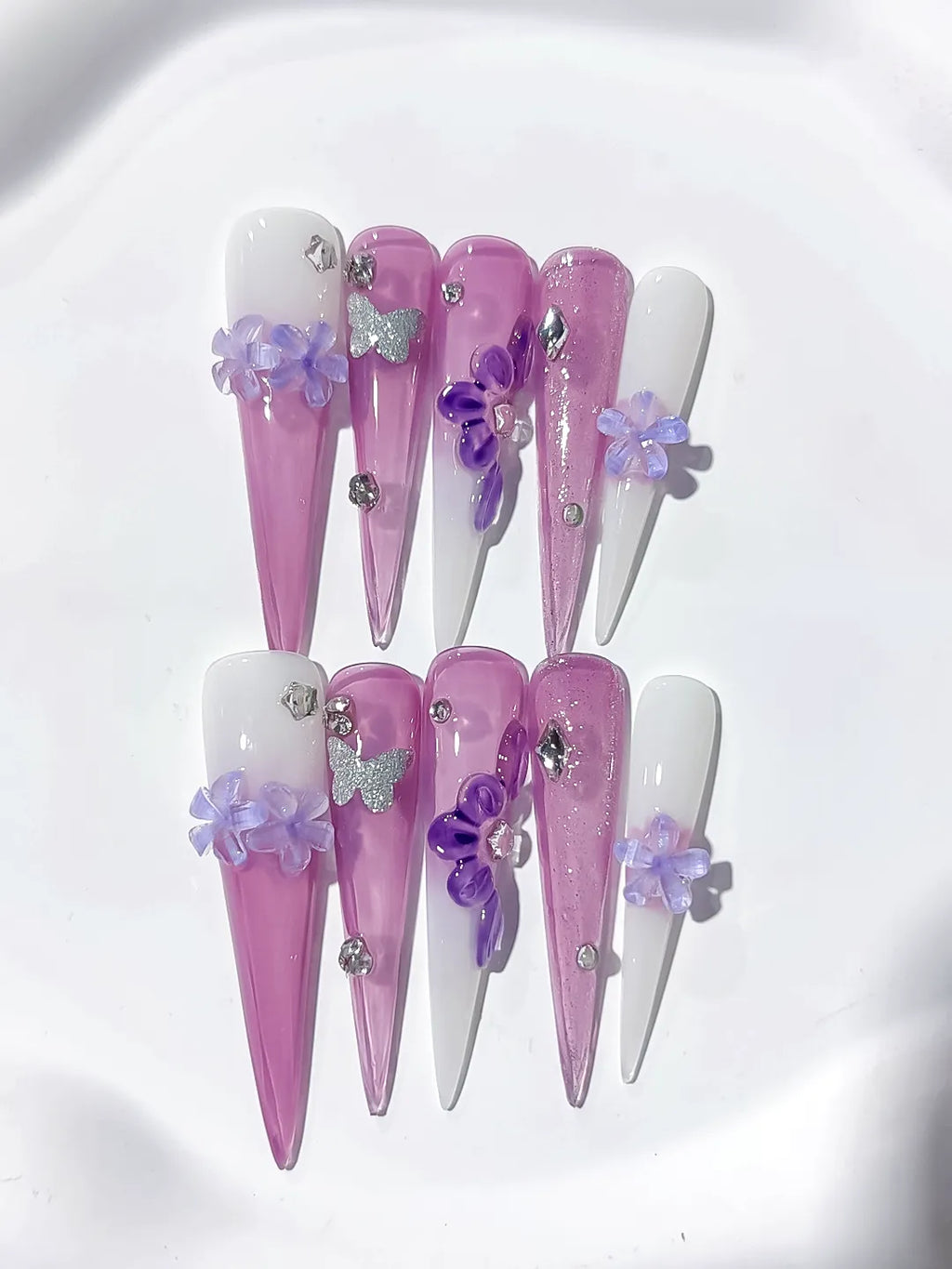 Long Purple Pink Stiletto Glitter Flower Butterfly