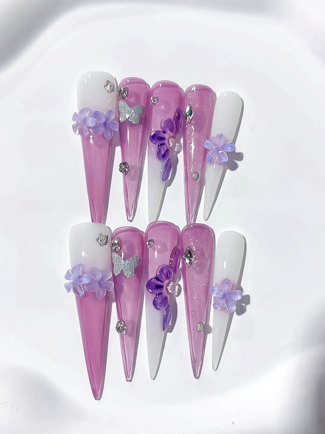 Long Purple Pink Stiletto Glitter Flower Butterfly